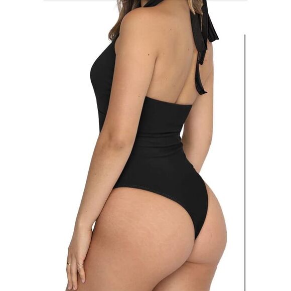 NEW REORIA Criss Cross Halter Neck Bodysuit Top Clubwear L - Picture 2 of 6